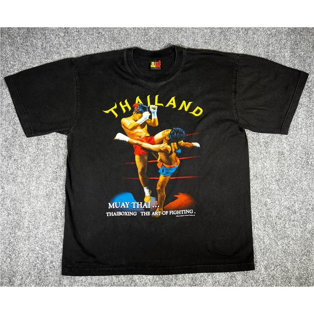Vintage 90s Muay Thai Thailand Boxing Tee Black Faded Large